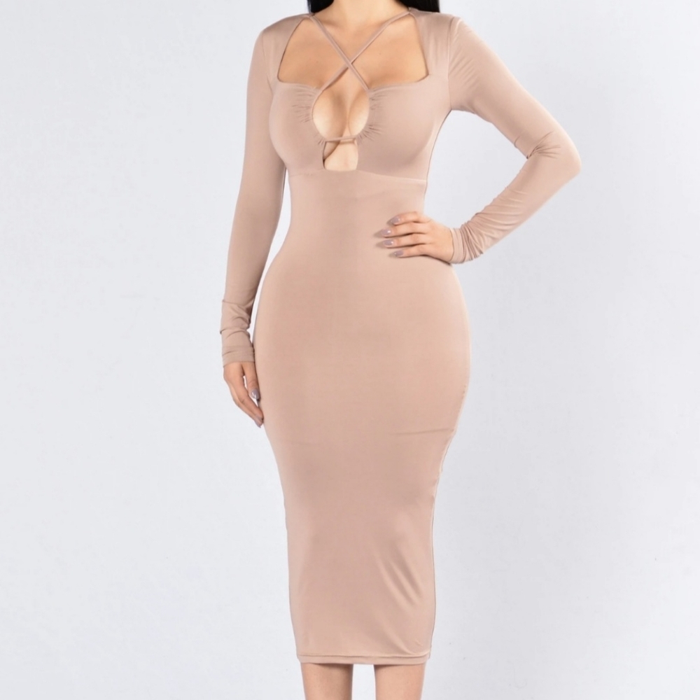 Long Sleeve Beige Midi